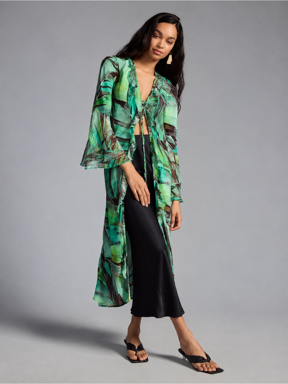 Anthropologie bl-nk | Green Lurex Palm-Print Tie-Front Kimono ~ New w/ Tags S/M